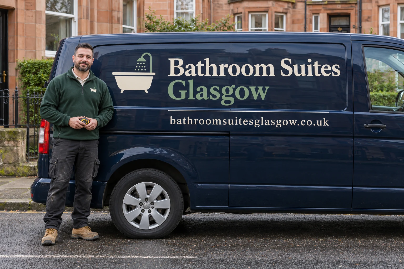 A man in workwear beside a professionally signwritten Bathroom Suites Glasgow van