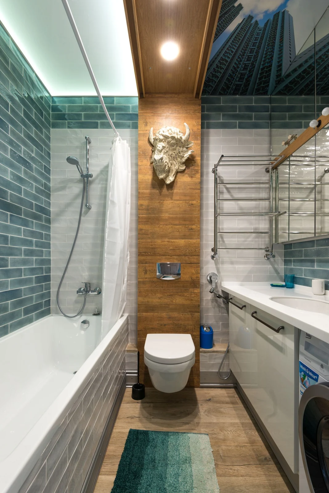 Contemporary bathroom featuring modern design elements and unique decor in blue and wooden tones