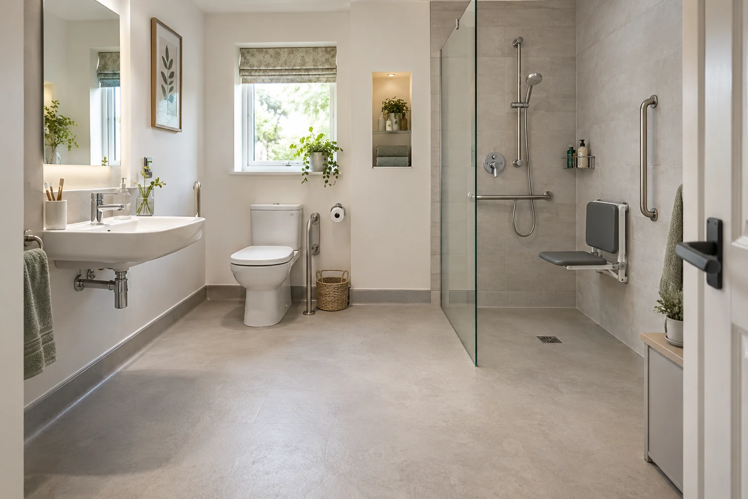 Level-access wet room with shower seat, support rails and open floor space