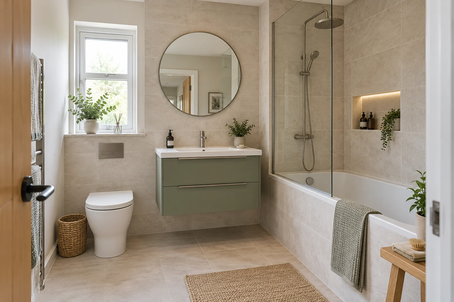 Modern bathroom with sage vanity, fitted bath and recessed shower niche