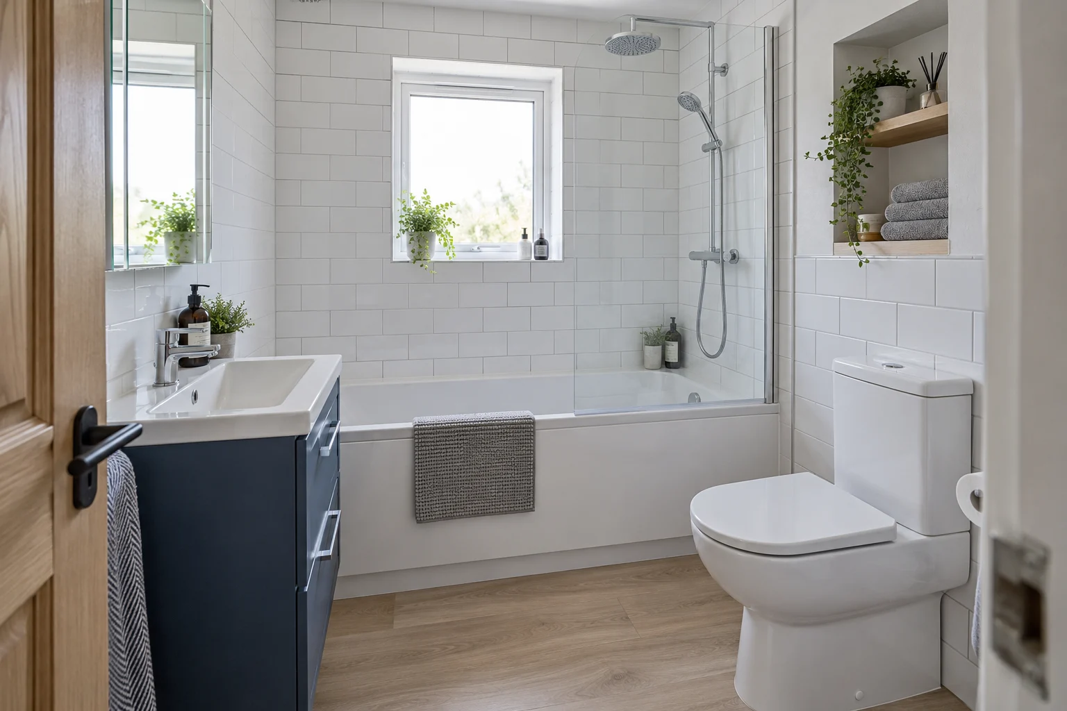 Compact bathroom with fitted bath, blue vanity and mirrored storage