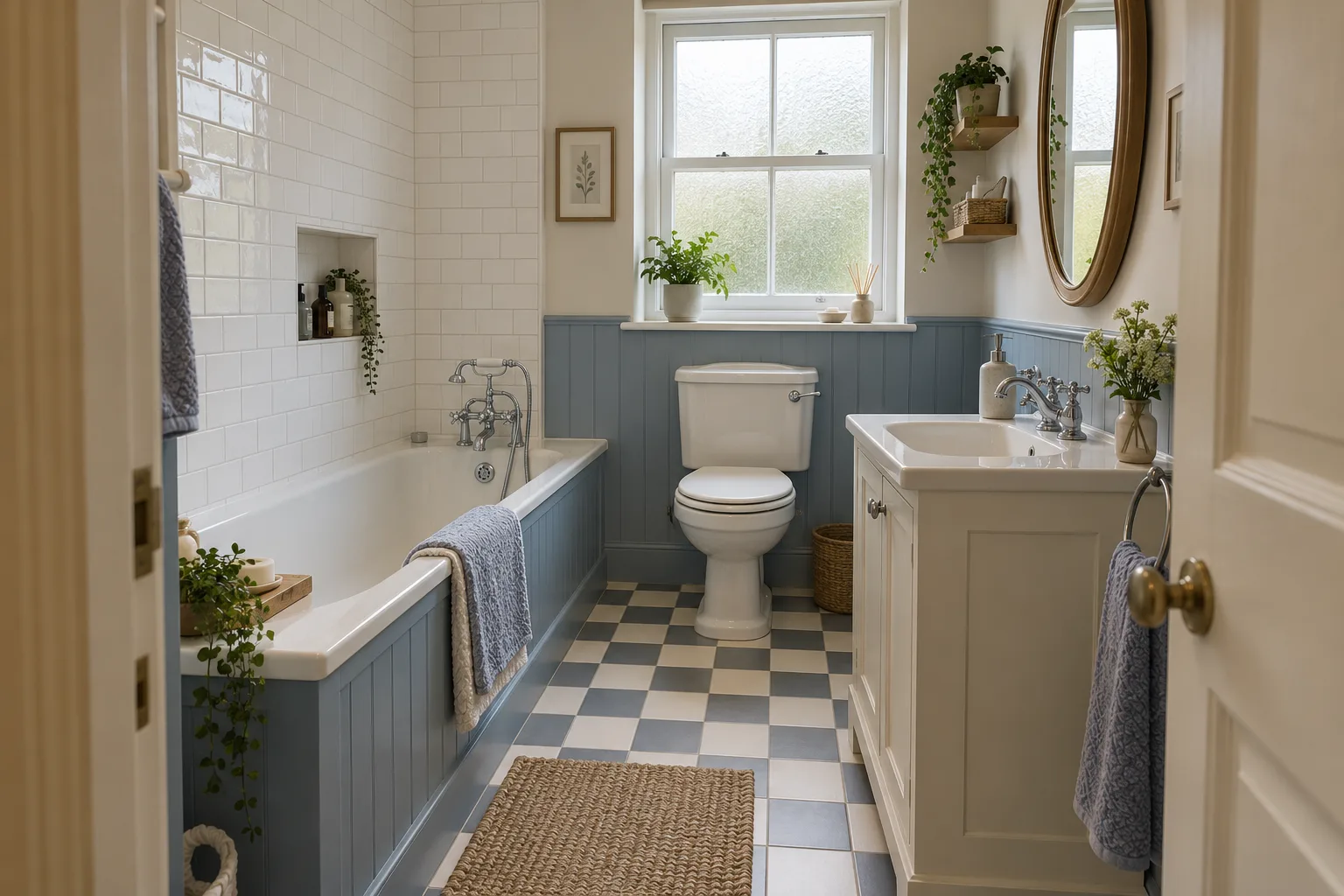 Traditional fitted bath with blue panelling and an ivory vanity