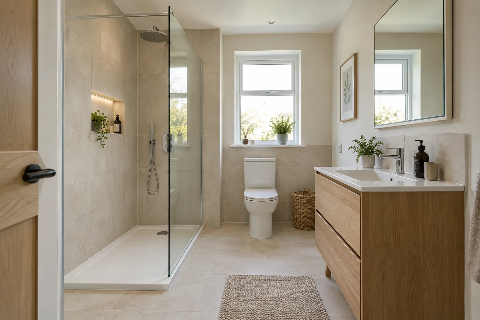 Walk-in shower with clear glass screen, oak vanity and recessed shelf